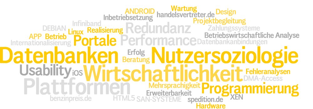 Plattformen Portale Performance Internationalisierung Mehrsprachigkeit Datenbanken Datenbankanbindungen Zahlungssysteme Usability Performance SAN-SYSTEME Hardware XEN Infiniband DMA-Access Nutzersoziologie Wartung Betrieb Realisierung Programmierung Design HTML5 APP ANDROID IOS DEBIAN Linux Betriebswirtschaftliche Analyse Redundanz Erfolg Wirtschaftlichkeit Erweiterbarkeit Inbetriebsetzung Beratung Fehleranalysen Projektbegleitung benzinpreis.de handelsvertreter.de spedition.de
